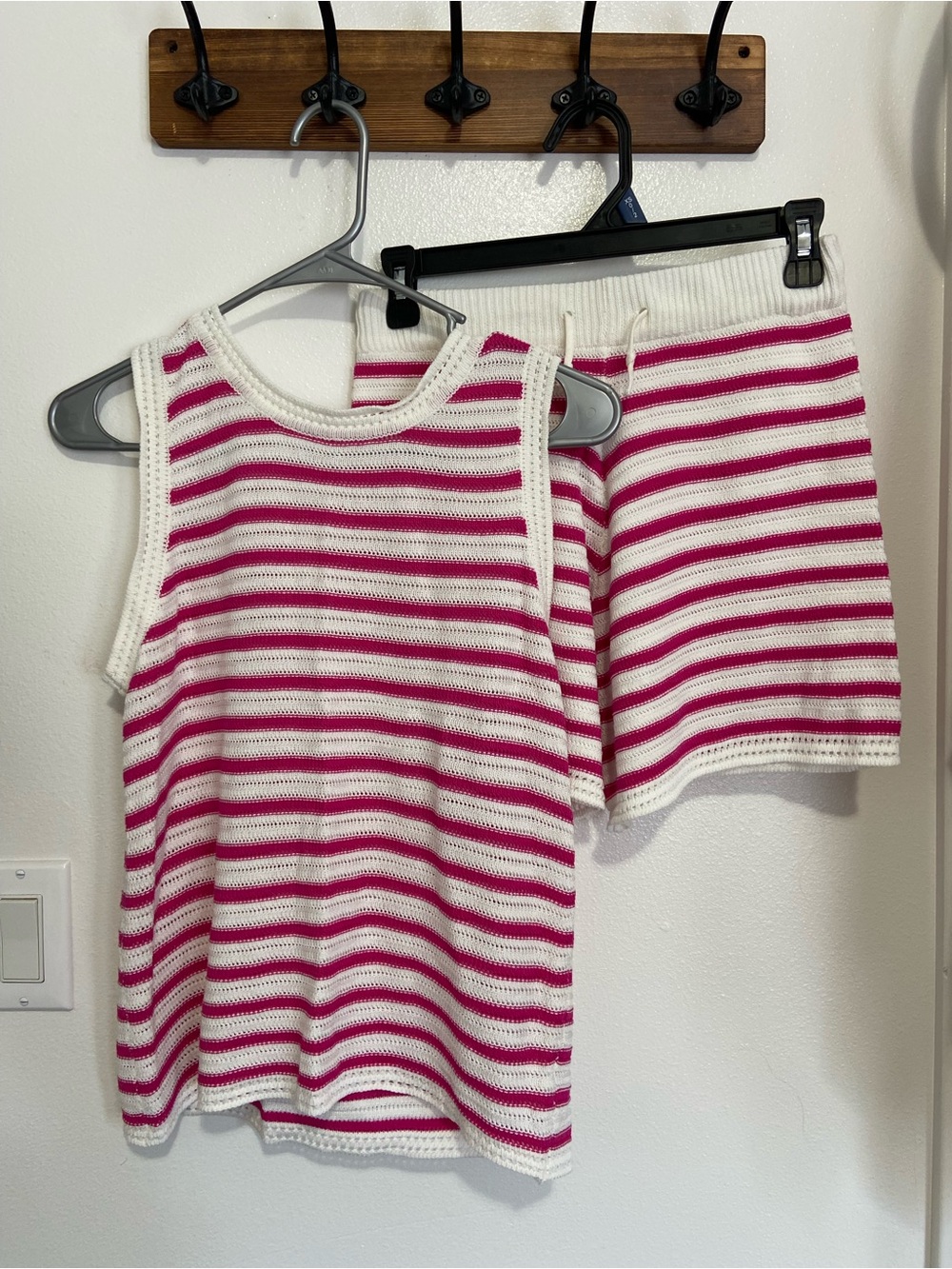 Striped Knit Tank and Skirt Set - White & Hot Pink